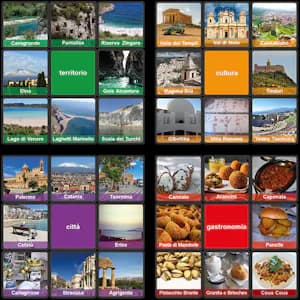 Esempio di facce laterali del Souvenir Cube — edizione Sicilia con Territory, Culture, Food, City