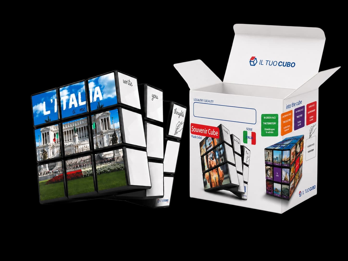 Souvenir Cube dell'Italia accanto alla sua confezione Made in Italy